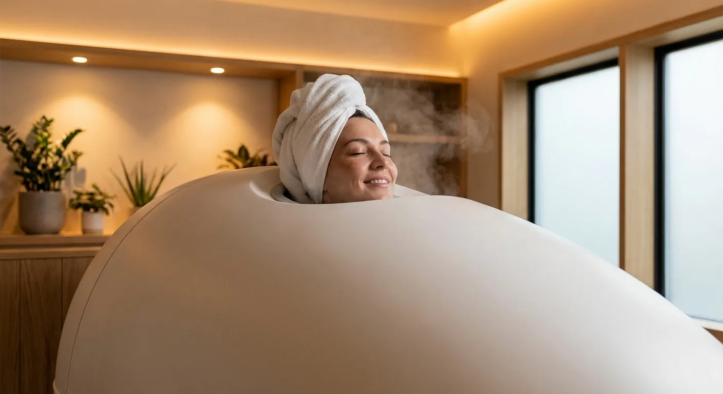 Woman relaxing in a HOCATT ozone sauna pod with steam during a Flourishment wellness session