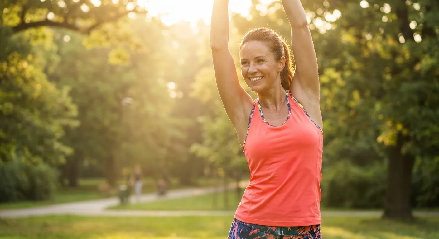 Energetic woman stretching outdoors — experience the wellness benefits of HOCATT at Flourishment